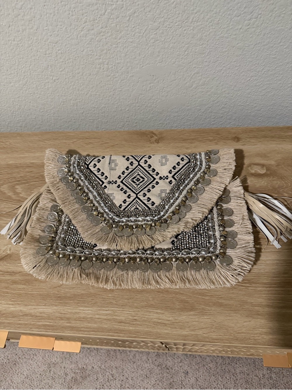 SHASHI Beige Fringe Coin-Embellished Boho Clutch